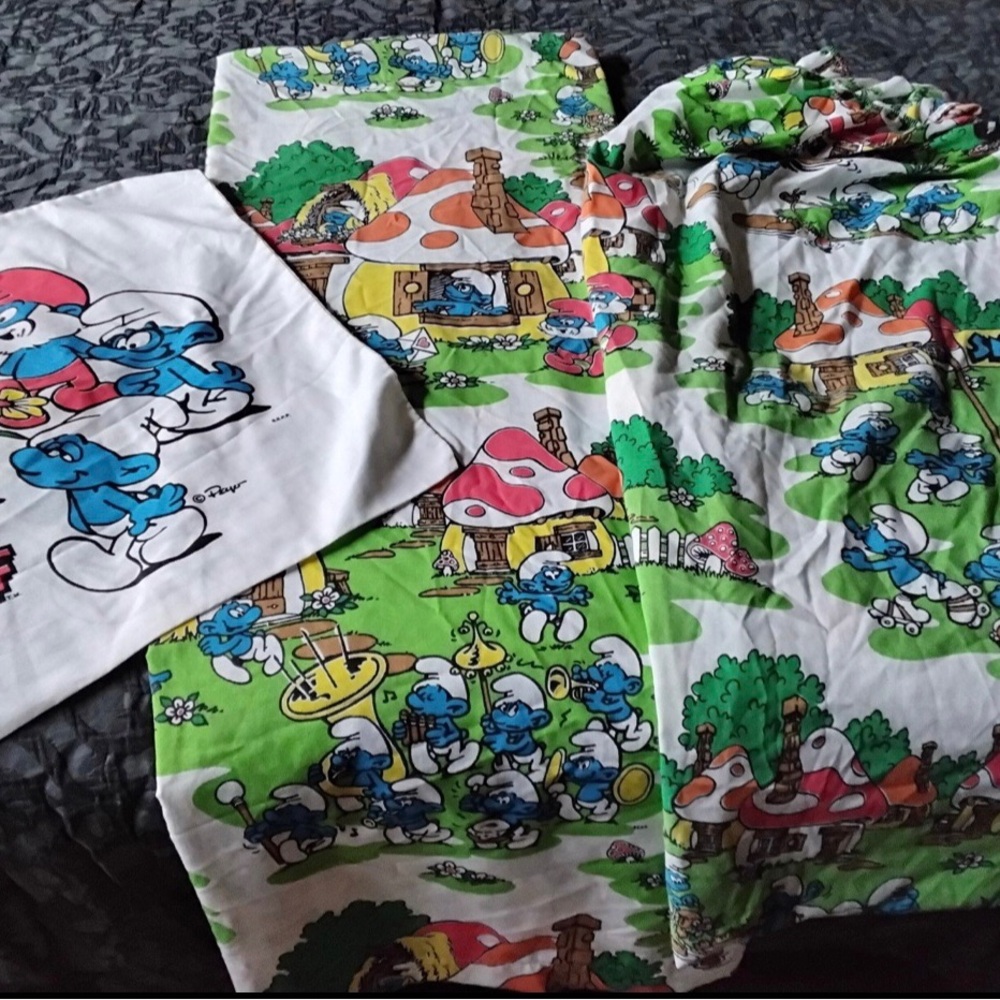 Vintage Lawtex Twin Smurf Sheet Set Flat, Fitted And Pillowcase!